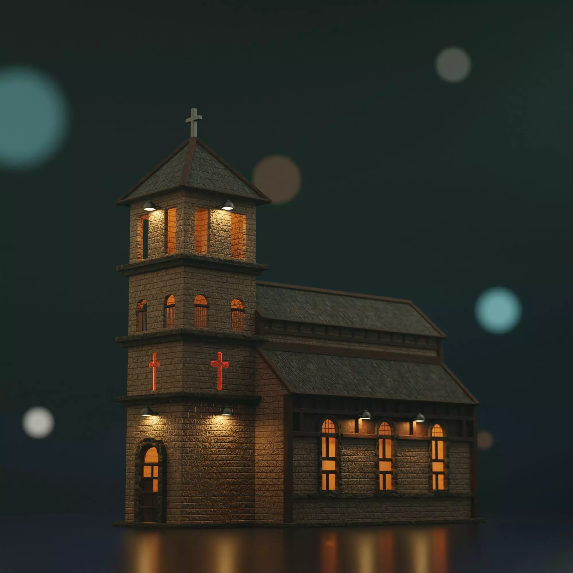 Church Low Poly at night Low-poly 3D model_0
