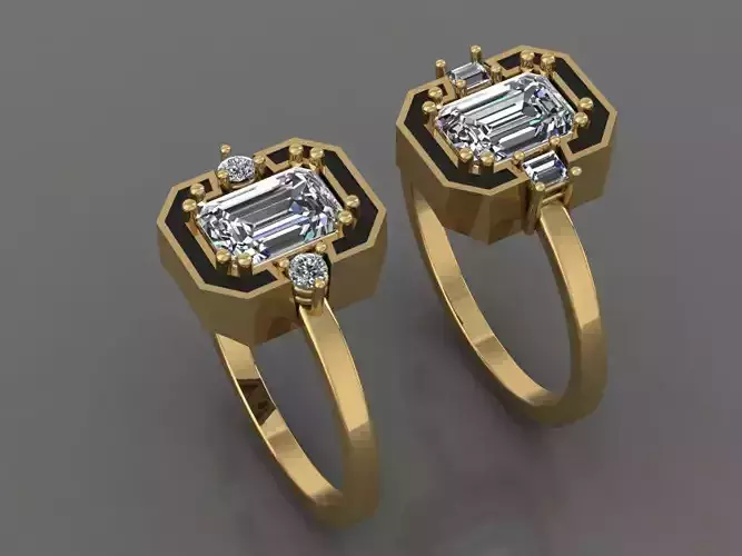 Ring 3D Print 3D print model 3D model two gold rings with emerald cut diamonds