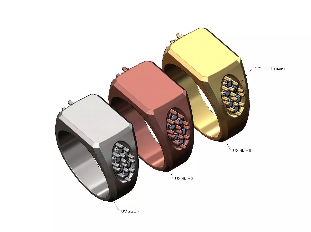 Blank rectangular diamond cluster shank signet US sizes 7 8 9 3D print model_0