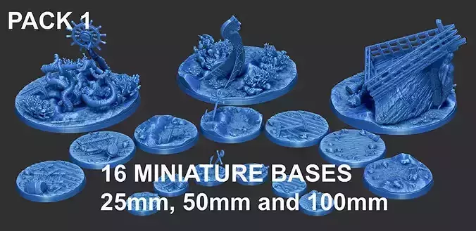 PACK 1 - 16 MINIATURE BASES  25mm 50mm and 100mm 3D Print Ready 3D print model