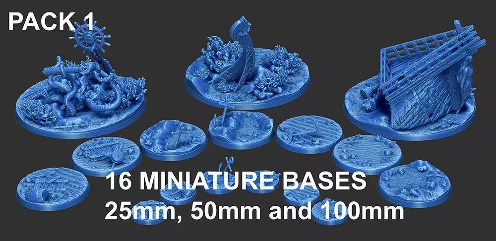 PACK 1 - 16 MINIATURE BASES 25mm 50mm and 100mm 3D Print Ready 3D print model_0