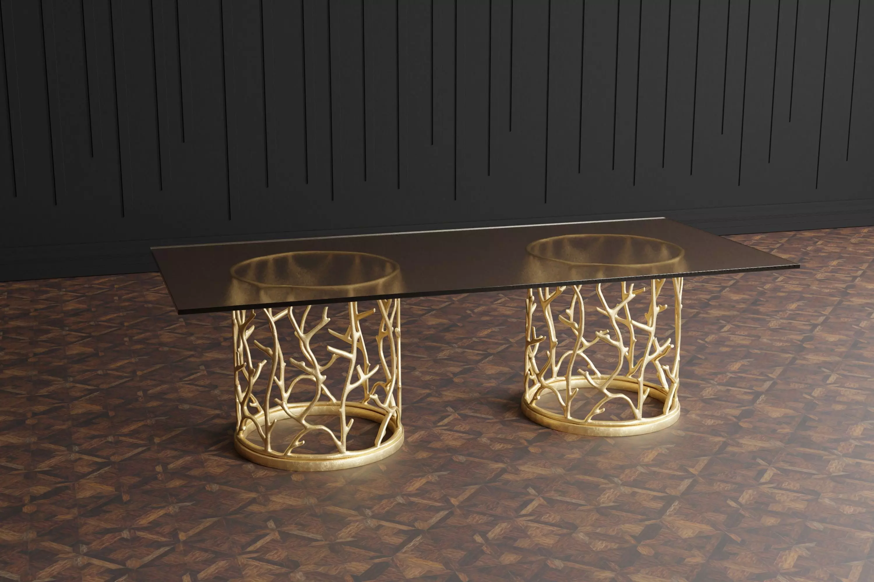 Glass Top Dining Table with Two Golden Cylinder Supports Free 3D model