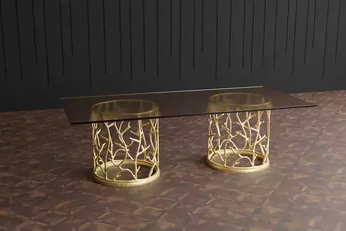 Glass Top Dining Table with Two Golden Cylinder Supports 