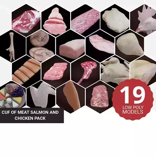 19 Cuf of meat  salmon and Chicken Pack 3d Low poly 3D Model Collection
