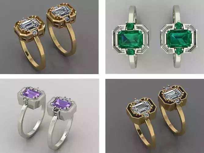 Rings collection 3D Print 3D print model 3D model four different with emeralds and diamonds
