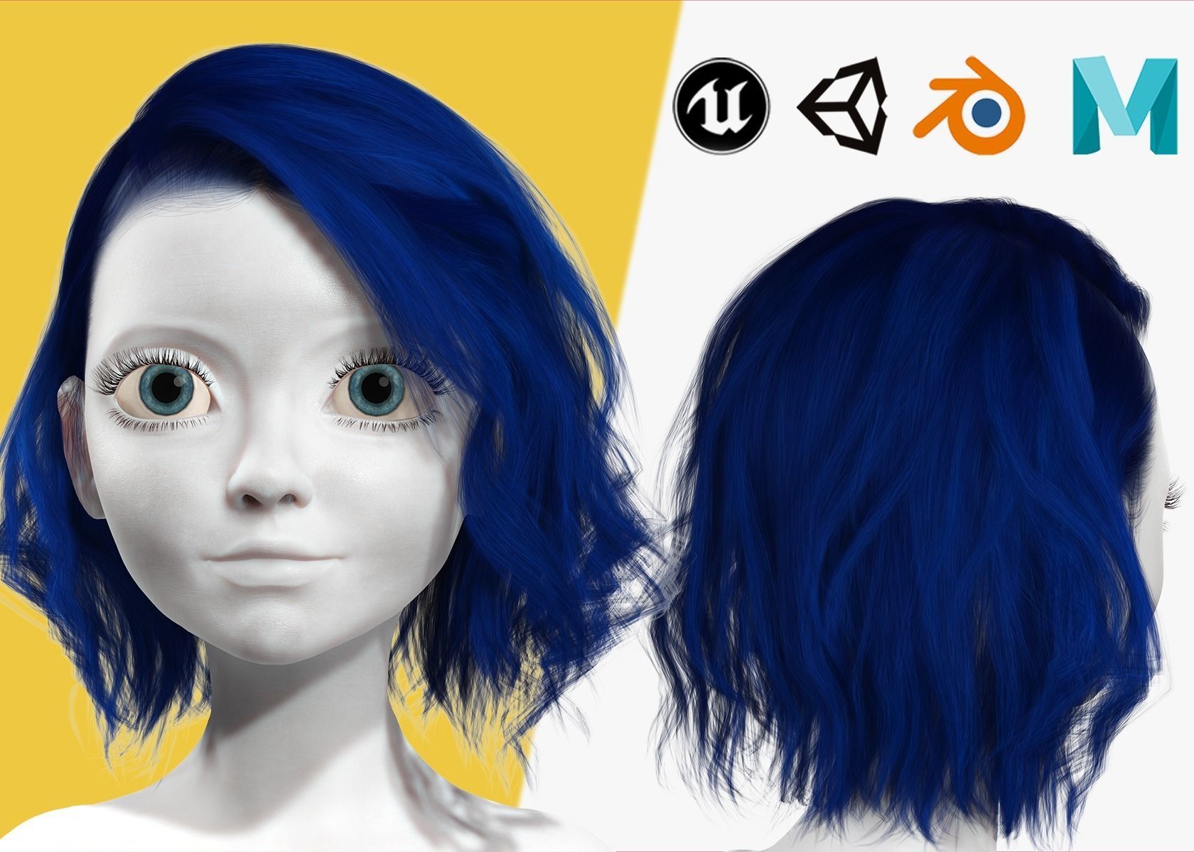 Bleu Haircut Female Woman Girl Realistic cartoon  hair Low-poly 3D model_1