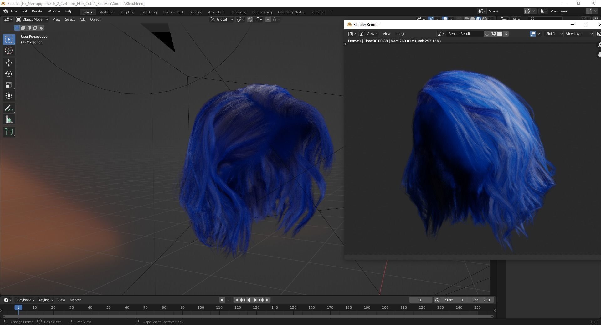 Bleu Haircut Female Woman Girl Realistic cartoon  hair Low-poly 3D model_12