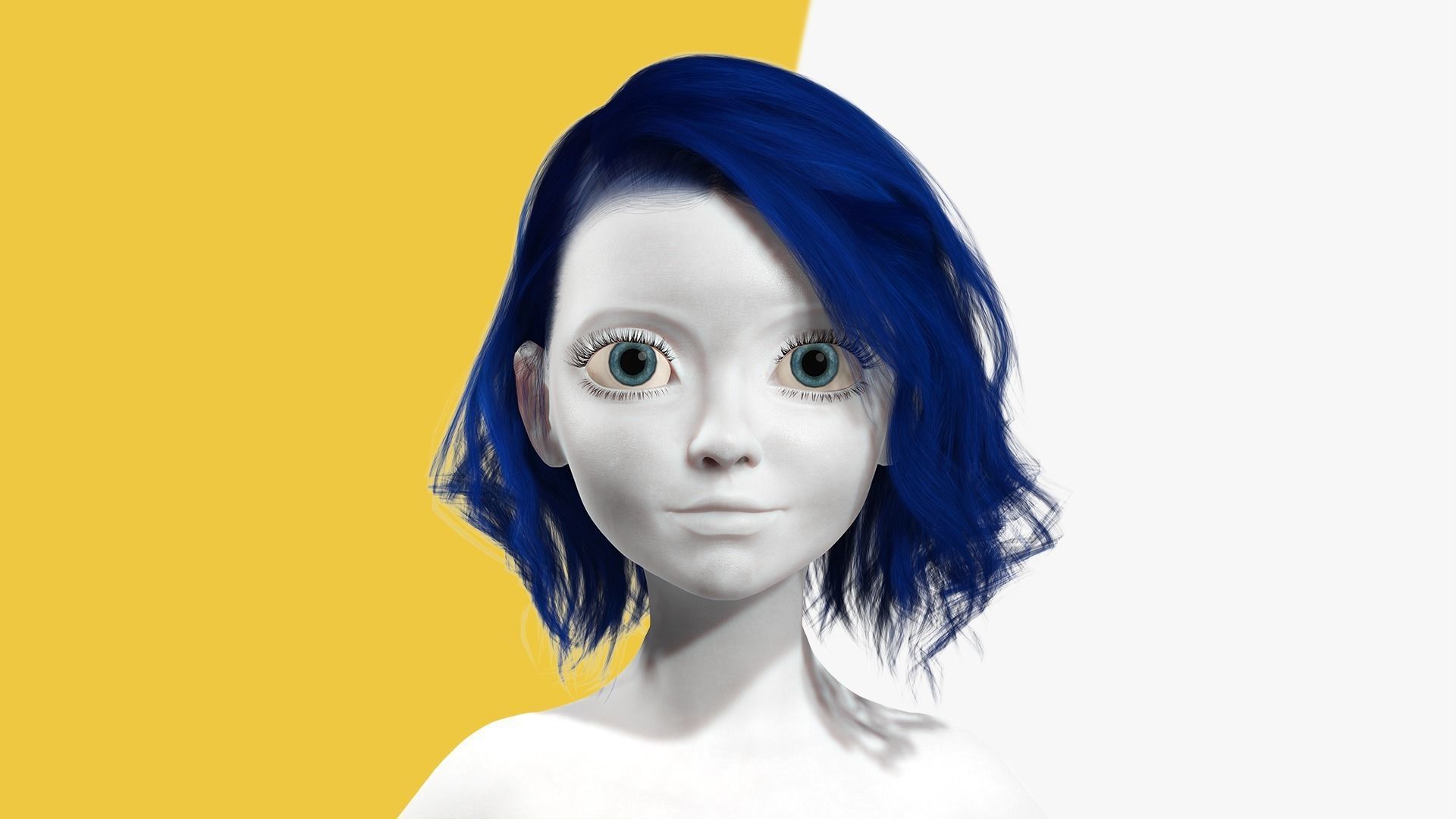 Bleu Haircut Female Woman Girl Realistic cartoon  hair Low-poly 3D model_3