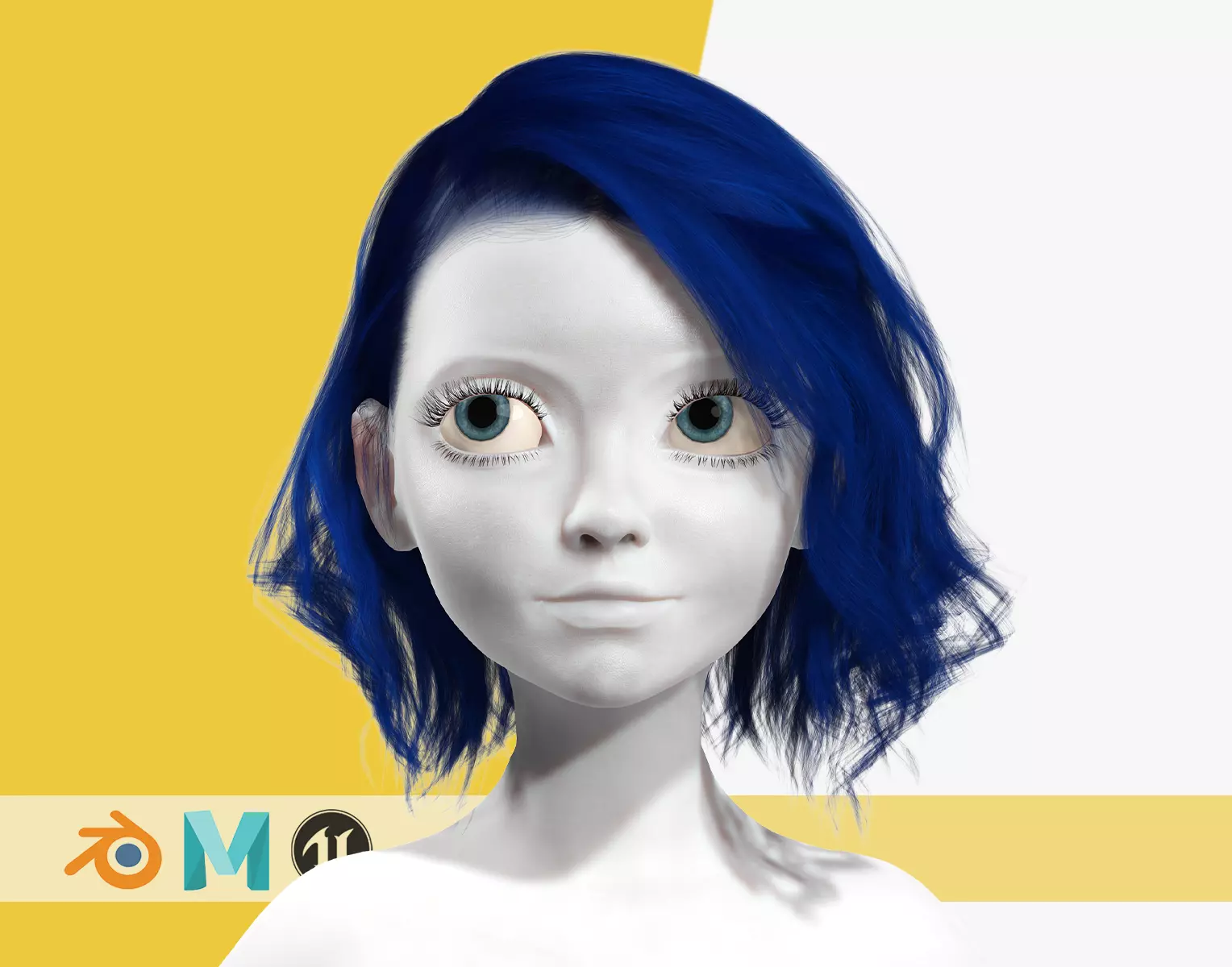 Bleu Haircut Female Woman Girl Realistic cartoon  hair Low-poly 3D model_0