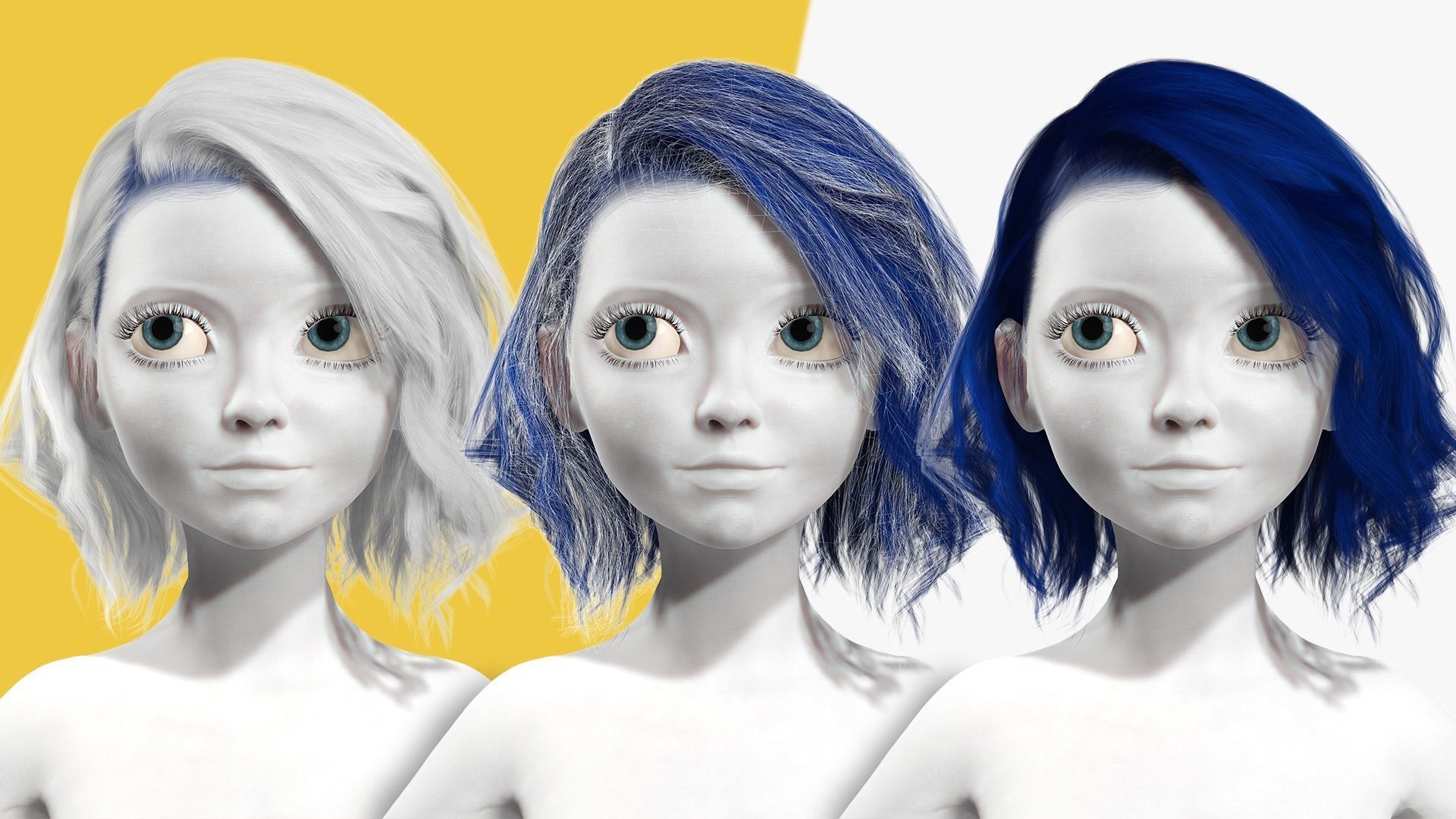Bleu Haircut Female Woman Girl Realistic cartoon  hair Low-poly 3D model_2