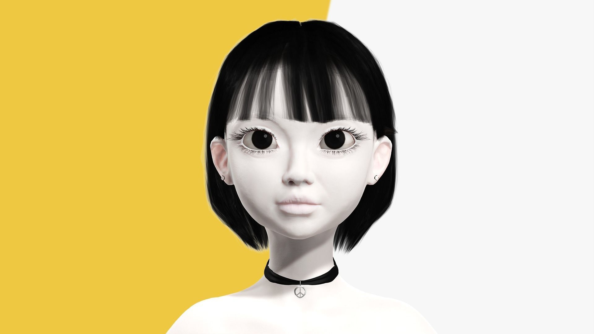 China Haircut Female Woman Girl Realistic cartoon hair Low-poly 3D model_3