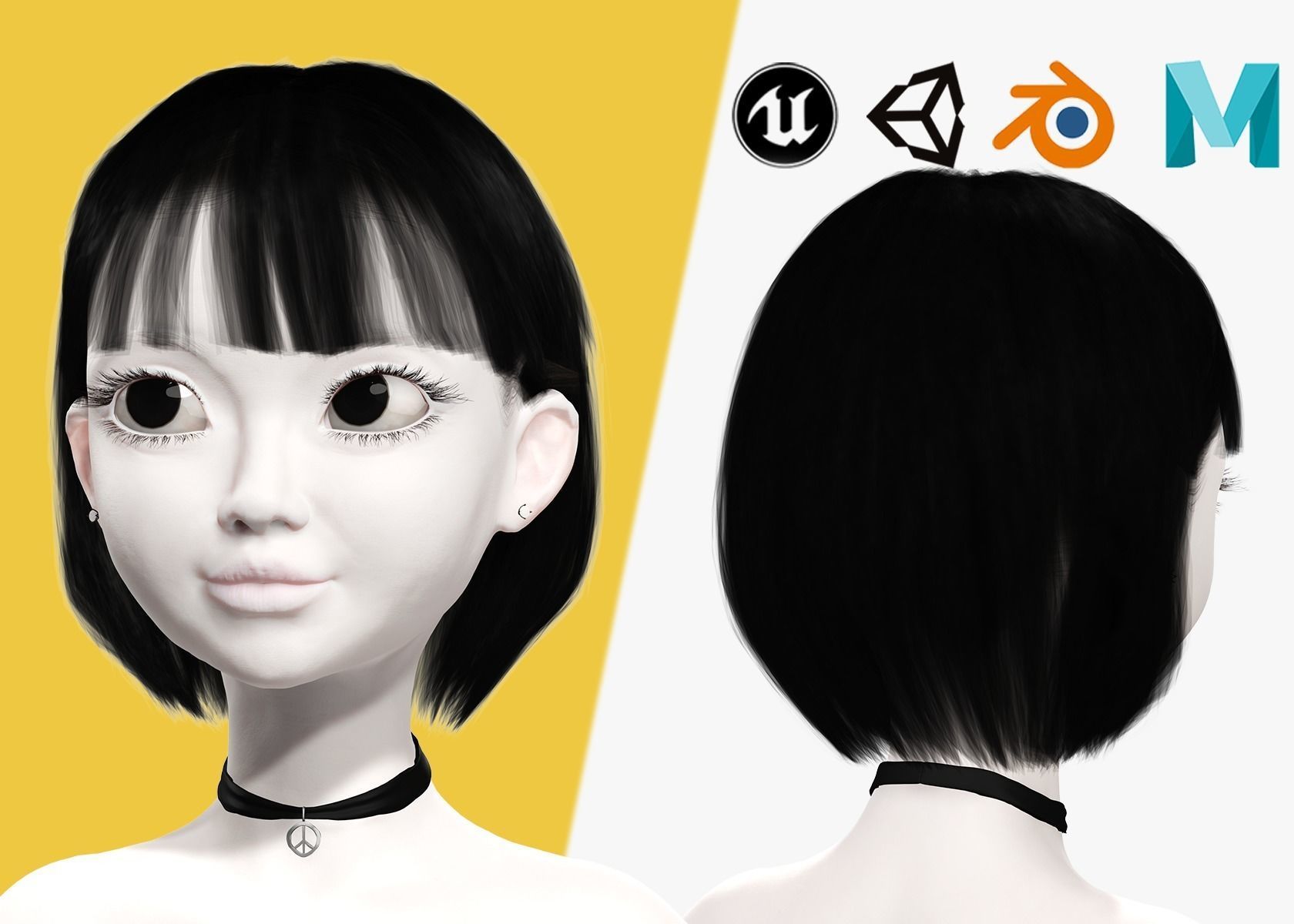 China Haircut Female Woman Girl Realistic cartoon hair Low-poly 3D model_1