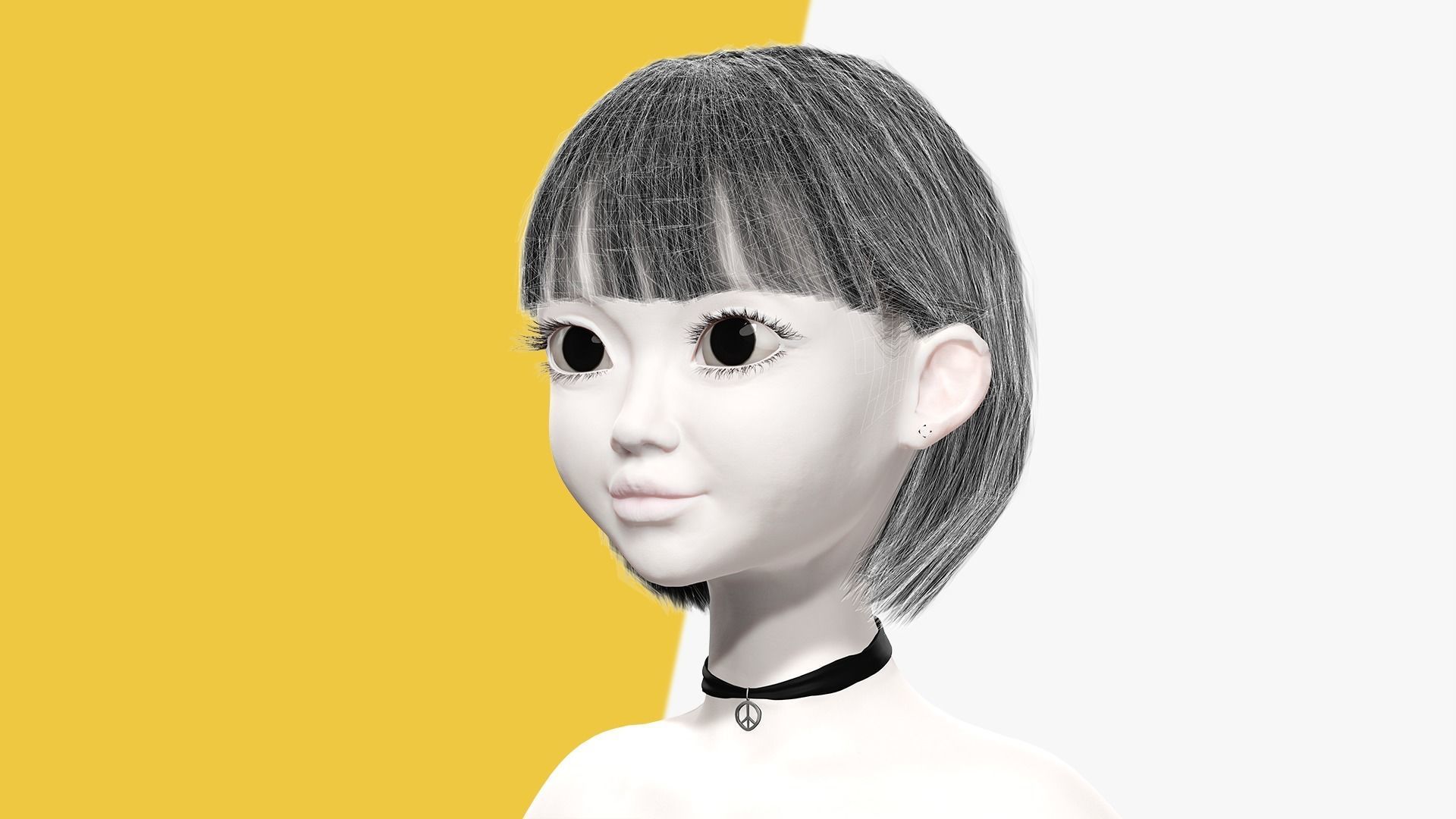 China Haircut Female Woman Girl Realistic cartoon hair Low-poly 3D model_9