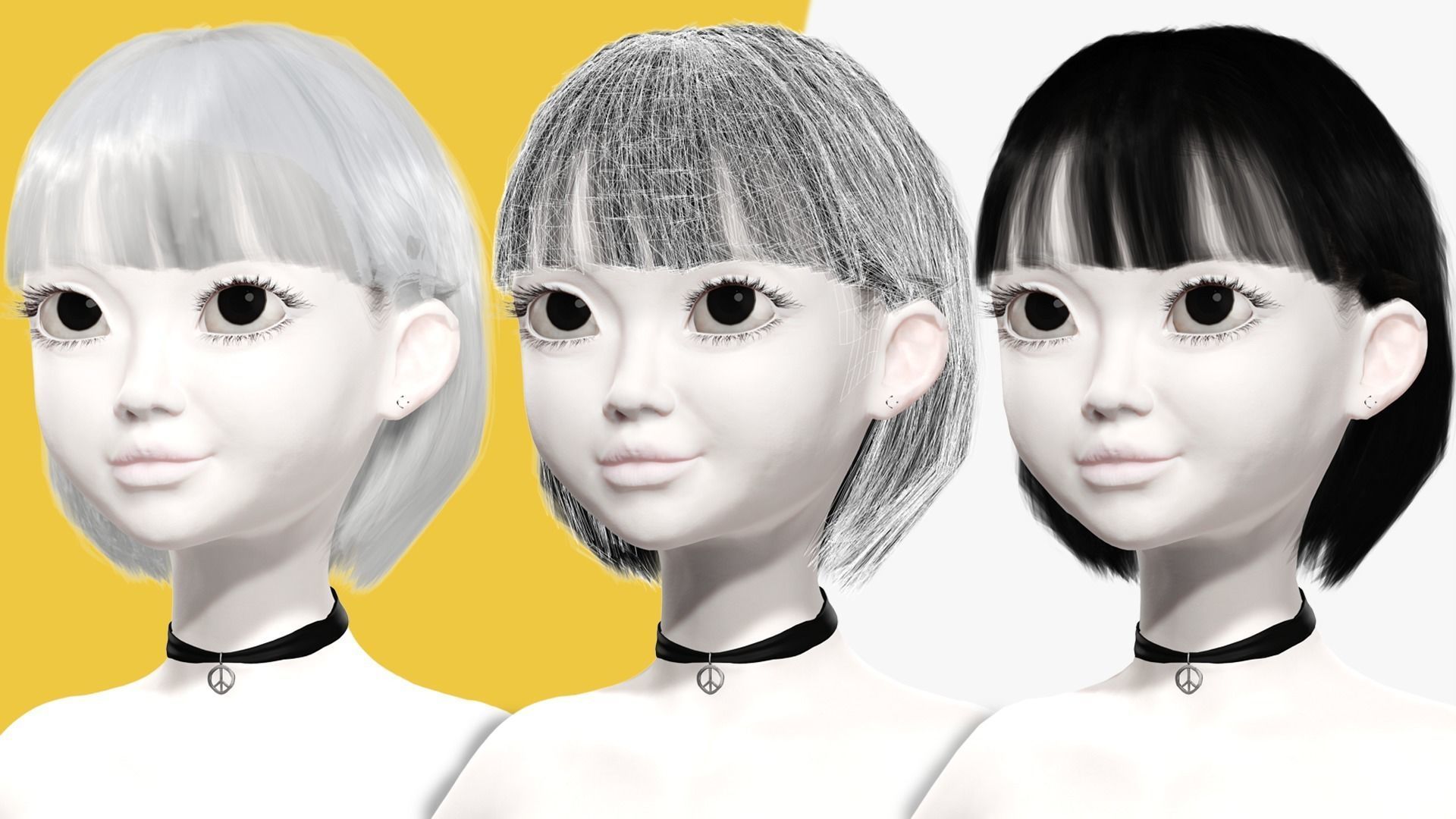 China Haircut Female Woman Girl Realistic cartoon hair Low-poly 3D model_2
