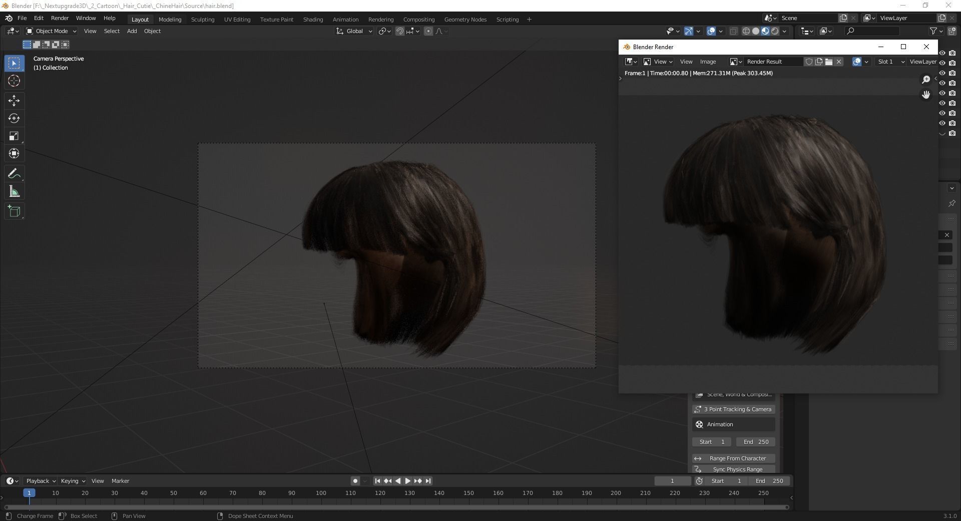 China Haircut Female Woman Girl Realistic cartoon hair Low-poly 3D model_12