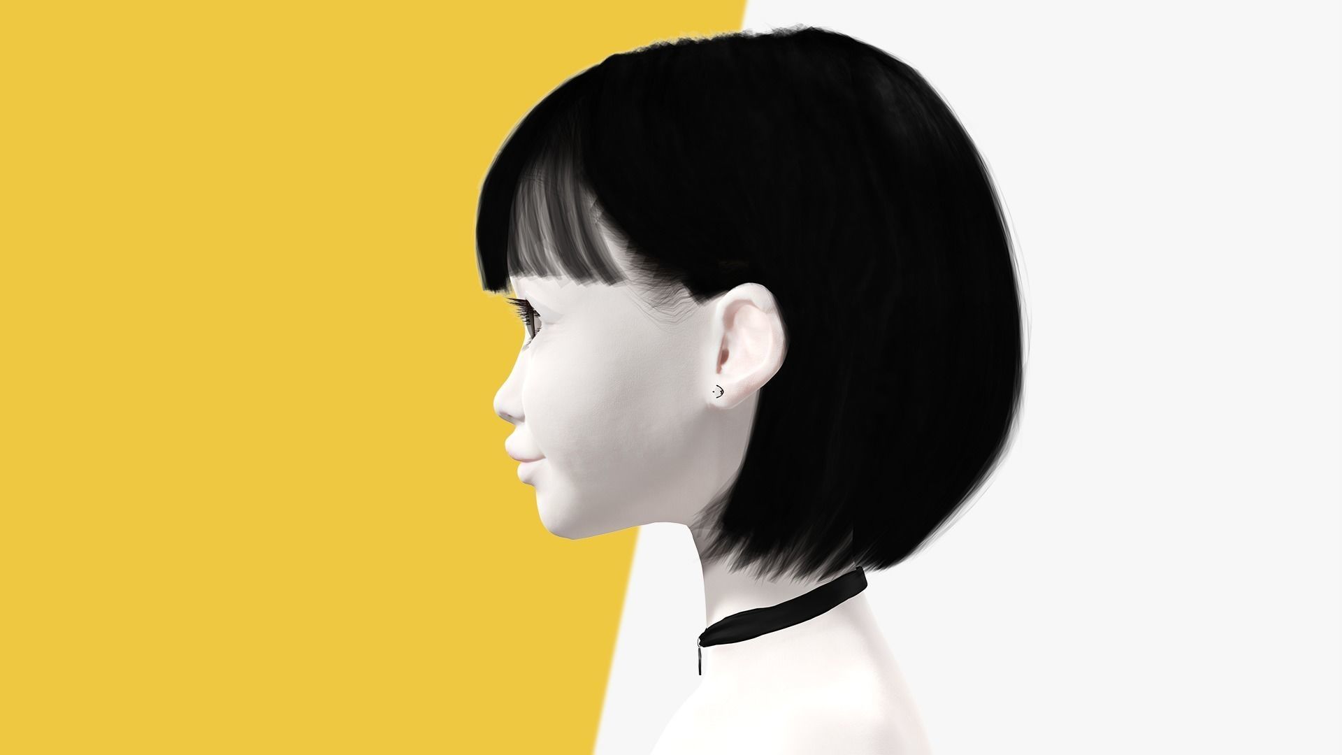 China Haircut Female Woman Girl Realistic cartoon hair Low-poly 3D model_5