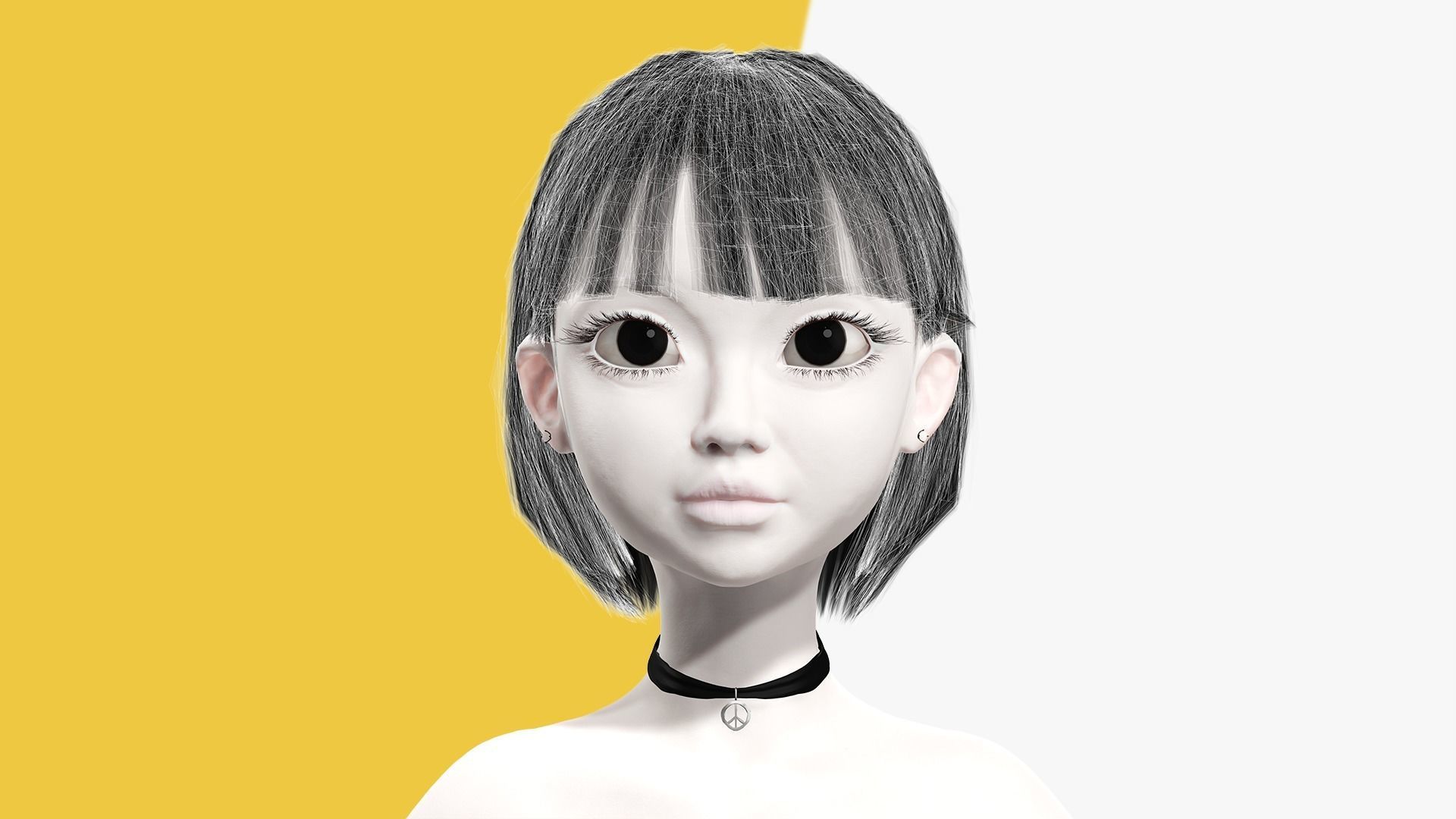 China Haircut Female Woman Girl Realistic cartoon hair Low-poly 3D model_8