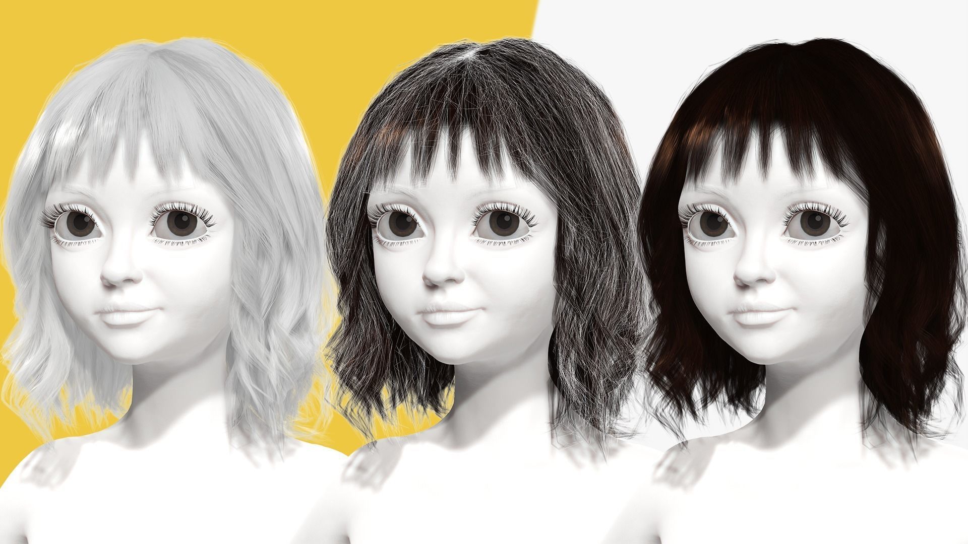 Cute Haircut Female Woman Girl Realistic cartoon hair Low-poly 3D model_2