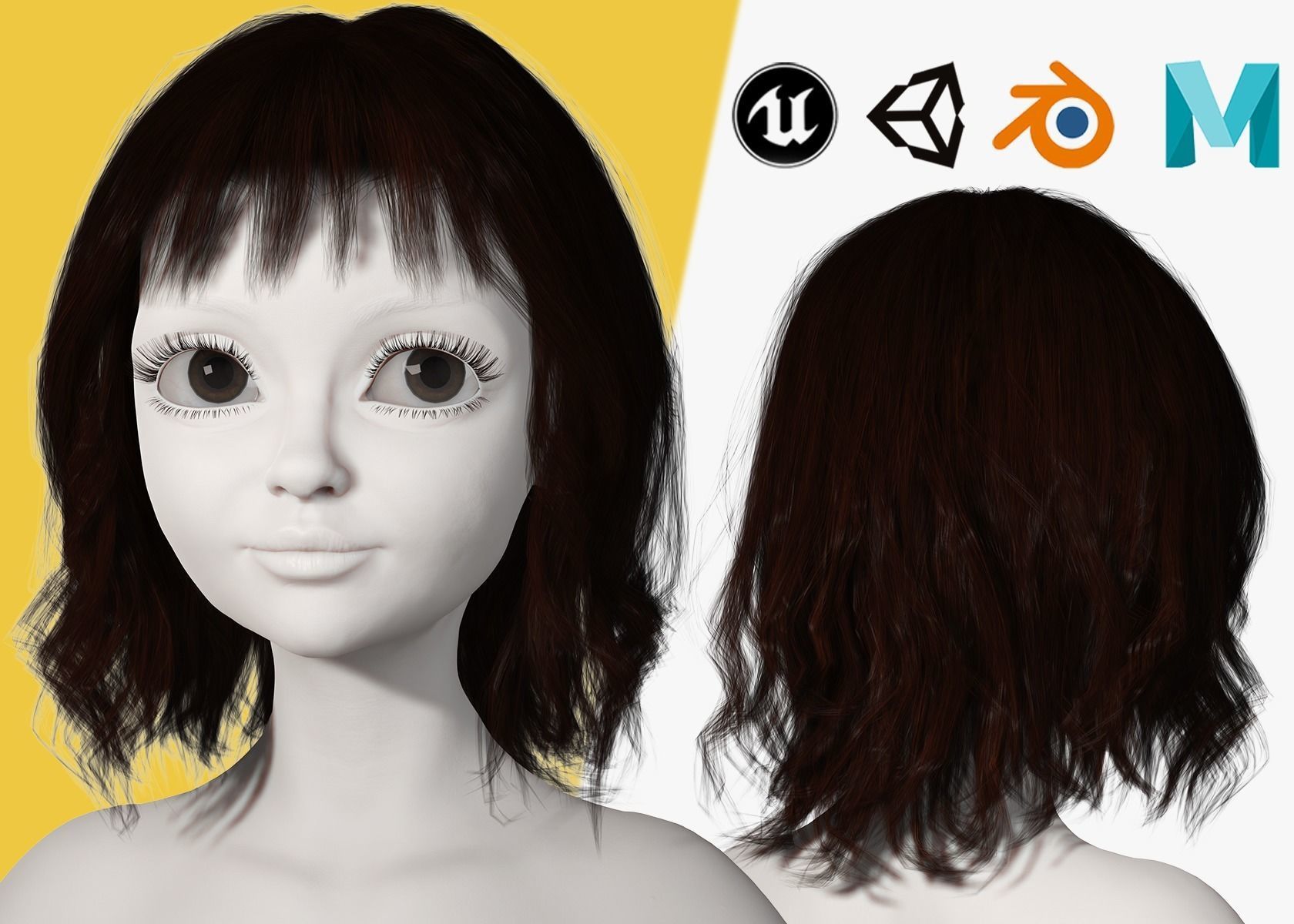 Cute Haircut Female Woman Girl Realistic cartoon hair Low-poly 3D model_1