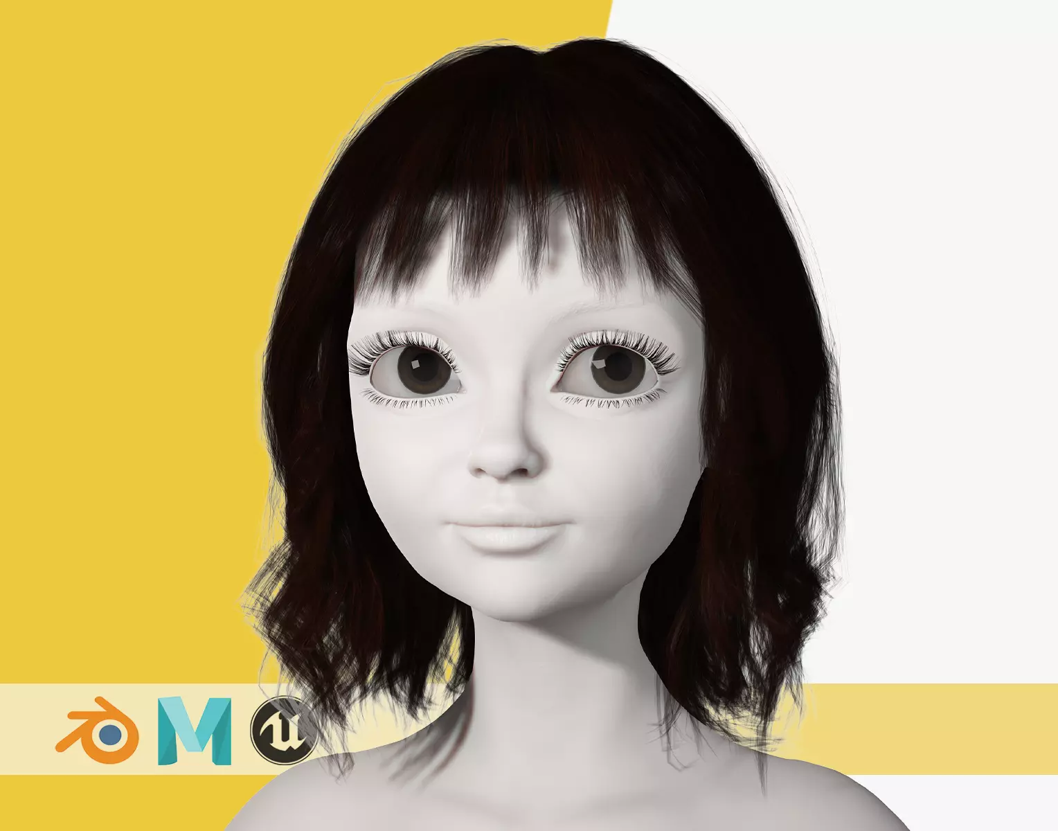 Cute Haircut Female Woman Girl Realistic cartoon hair Low-poly 3D model_0