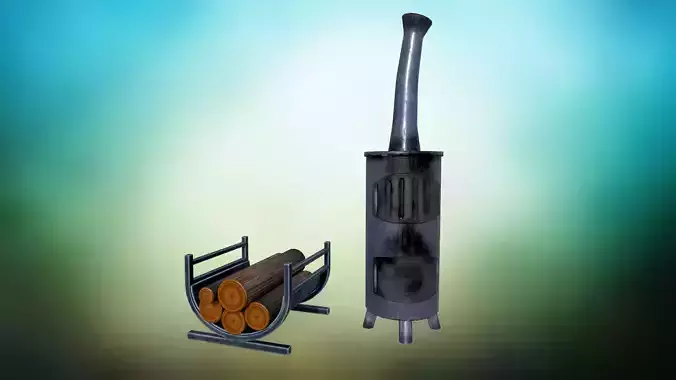 Stylized metal stove with firewood PBR