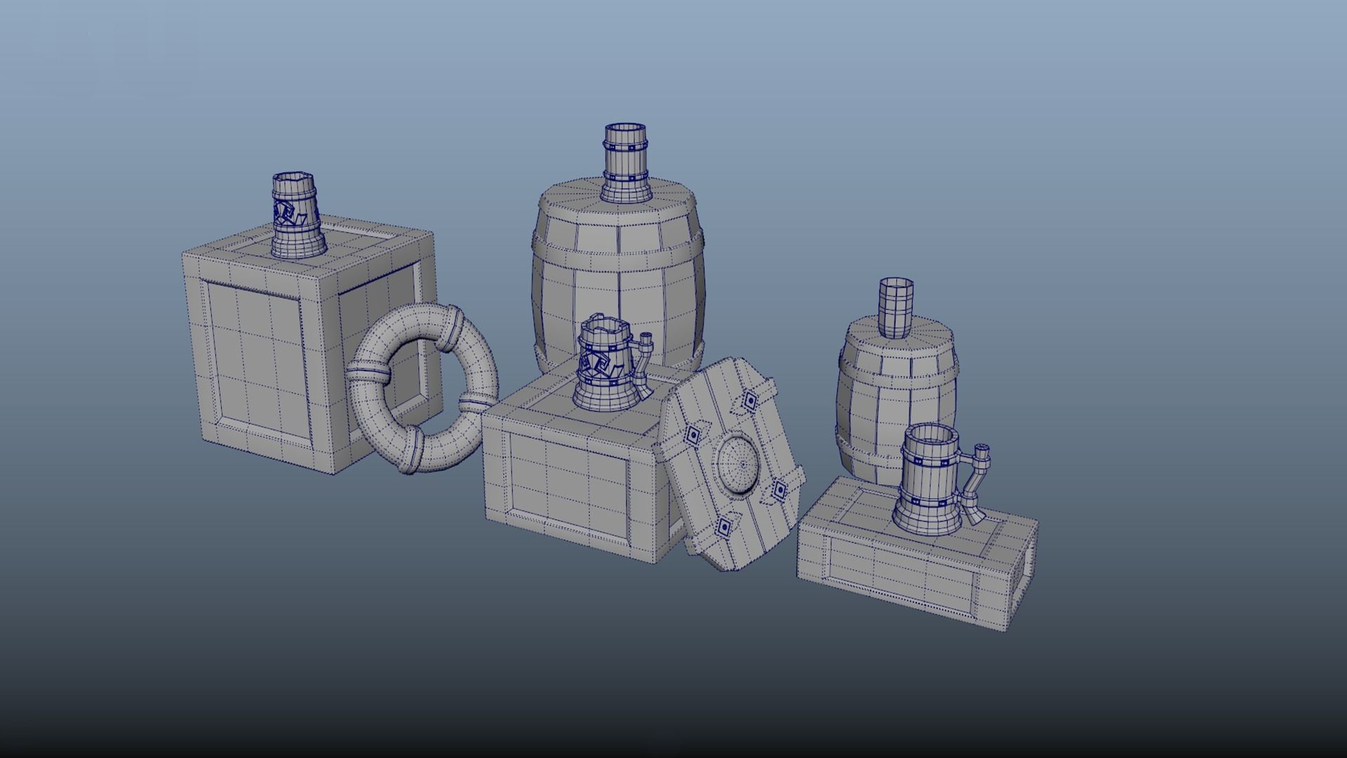 Set of stylized boxes mug barrel shield lifebuoy PBR Low-poly 3D model_5
