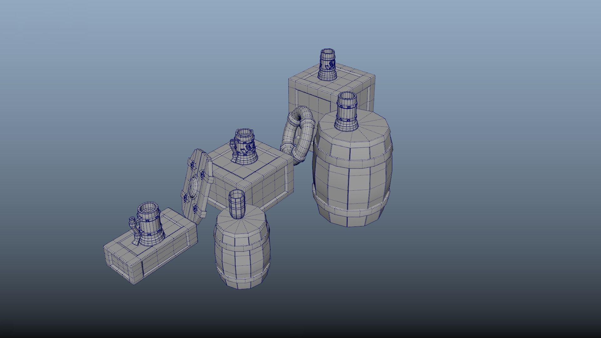 Set of stylized boxes mug barrel shield lifebuoy PBR Low-poly 3D model_6