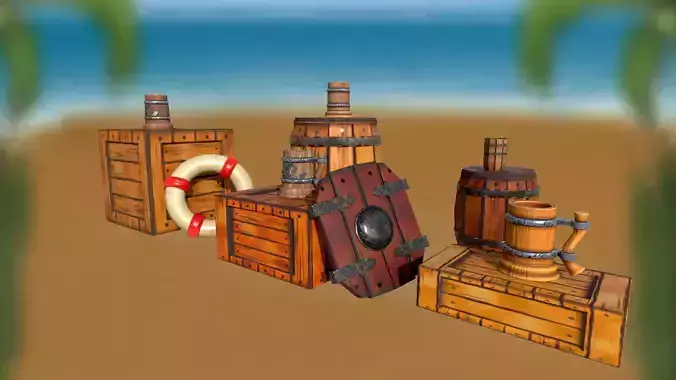 Set of stylized boxes mug barrel shield lifebuoy PBR