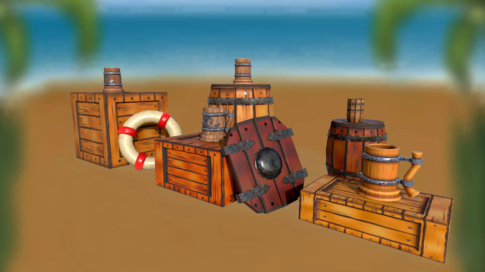 Set of stylized boxes mug barrel shield lifebuoy PBR Low-poly 3D model_0