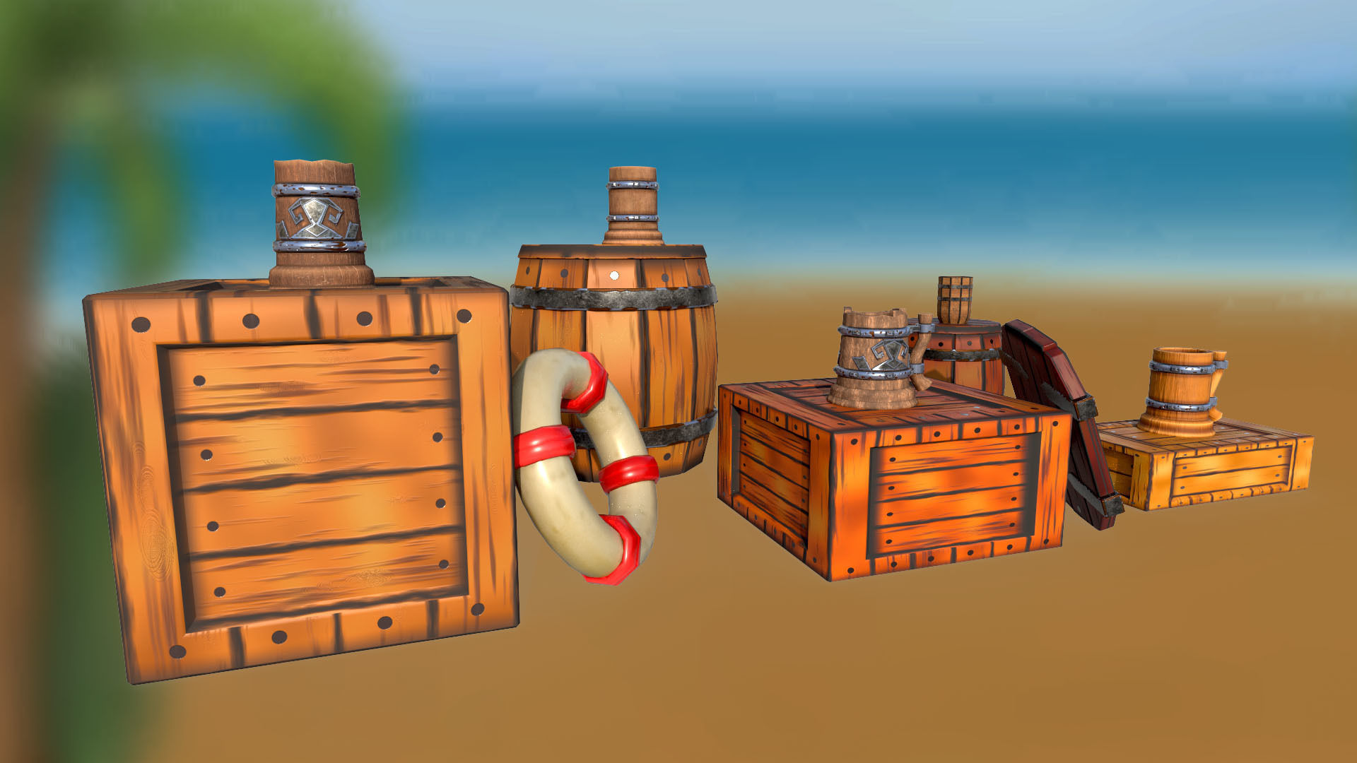 Set of stylized boxes mug barrel shield lifebuoy PBR Low-poly 3D model_3