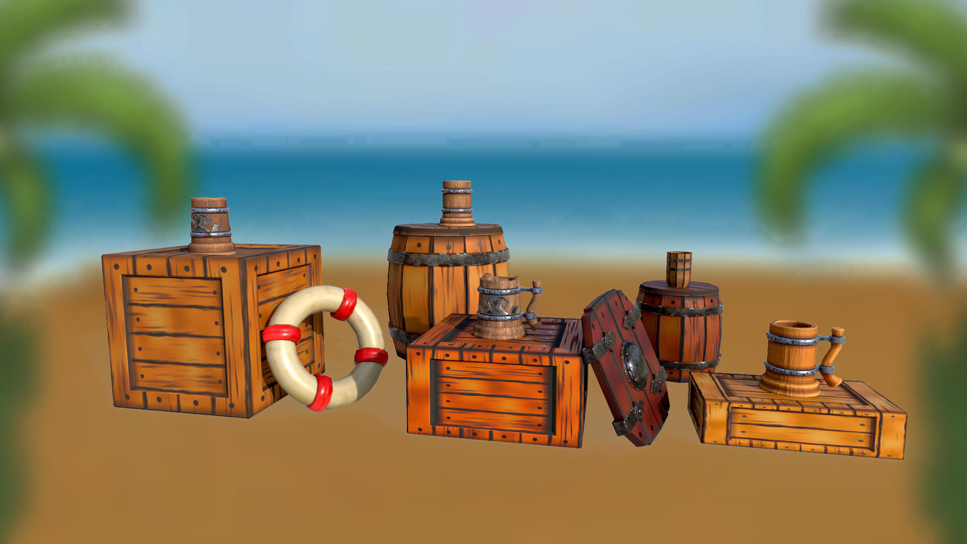 Set of stylized boxes mug barrel shield lifebuoy PBR Low-poly 3D model_1