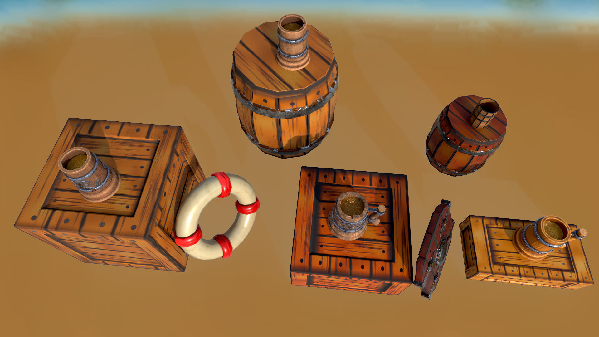 Set of stylized boxes mug barrel shield lifebuoy PBR Low-poly 3D model_4