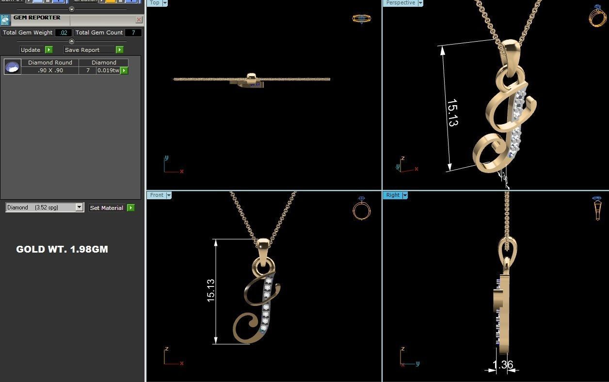 Alphabet - J sterling silver pendant with diamonds 3D print model_3