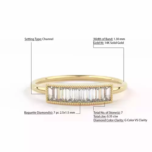 Baguette Diamond Milgrain Gold Wedding Band Engagement Ring
