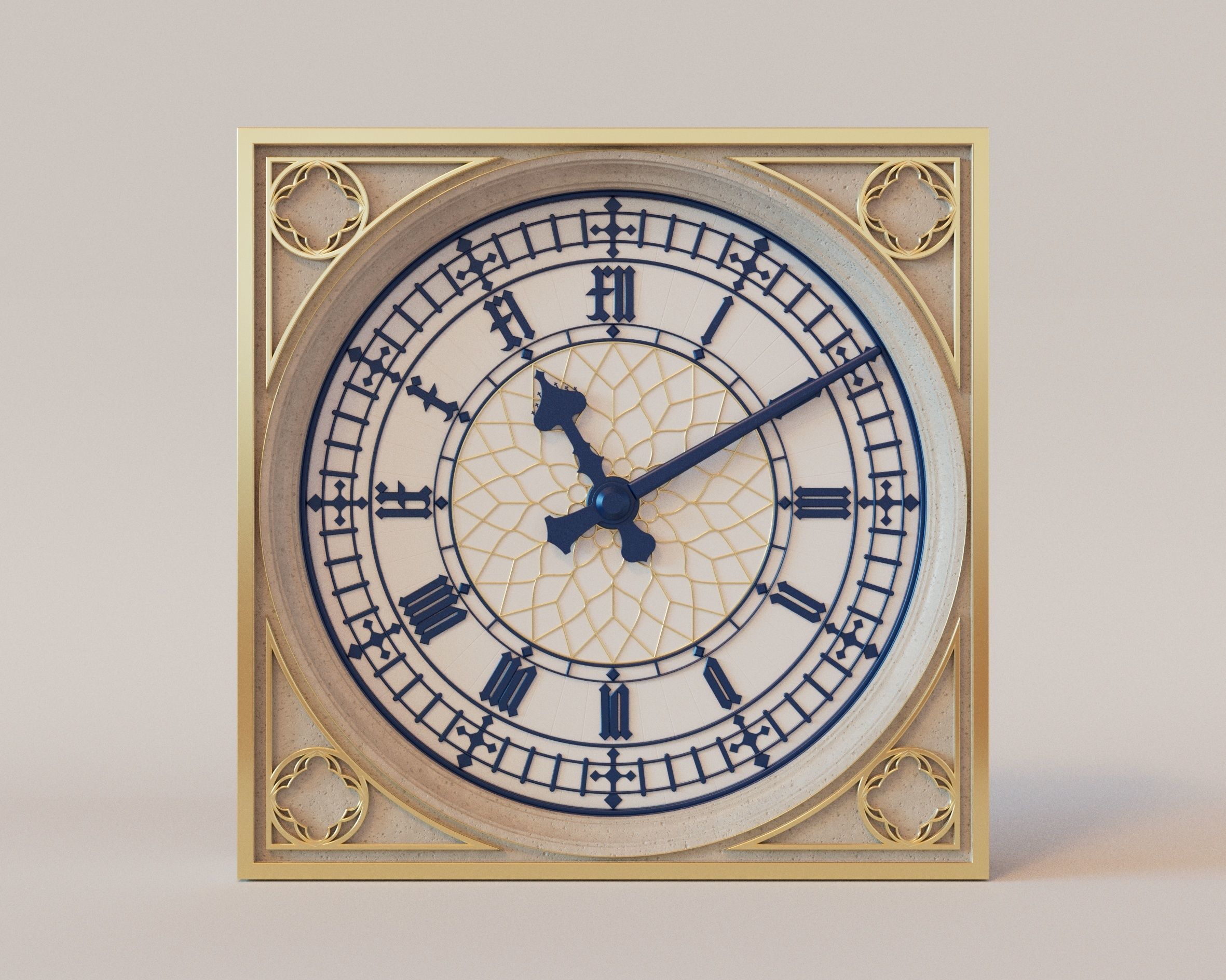 Gold Tower Clock 3D model_1