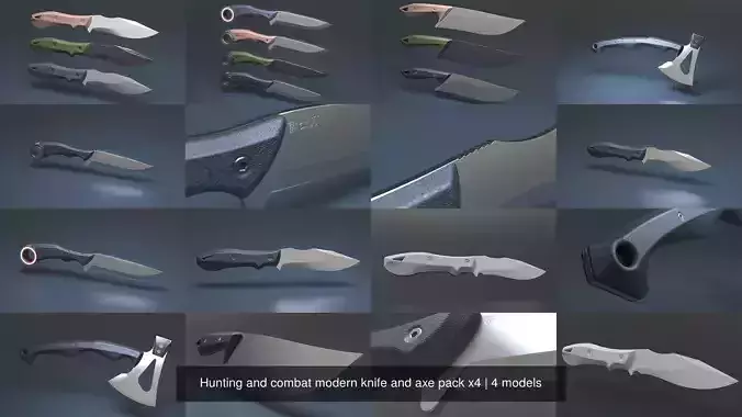 Hunting and combat modern knife and axe pack x4