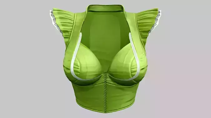 Green Ruffled Cap Shoulders Crop Female Top