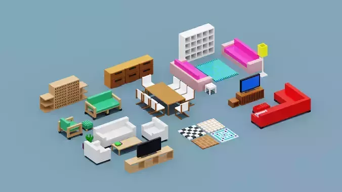 Isometric Living Room  Funiture Set Low-poly 3D model