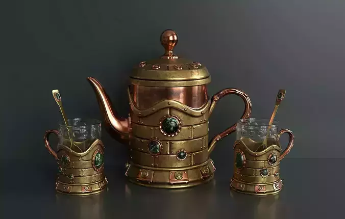 Kettle with coasters glasses and spoons
