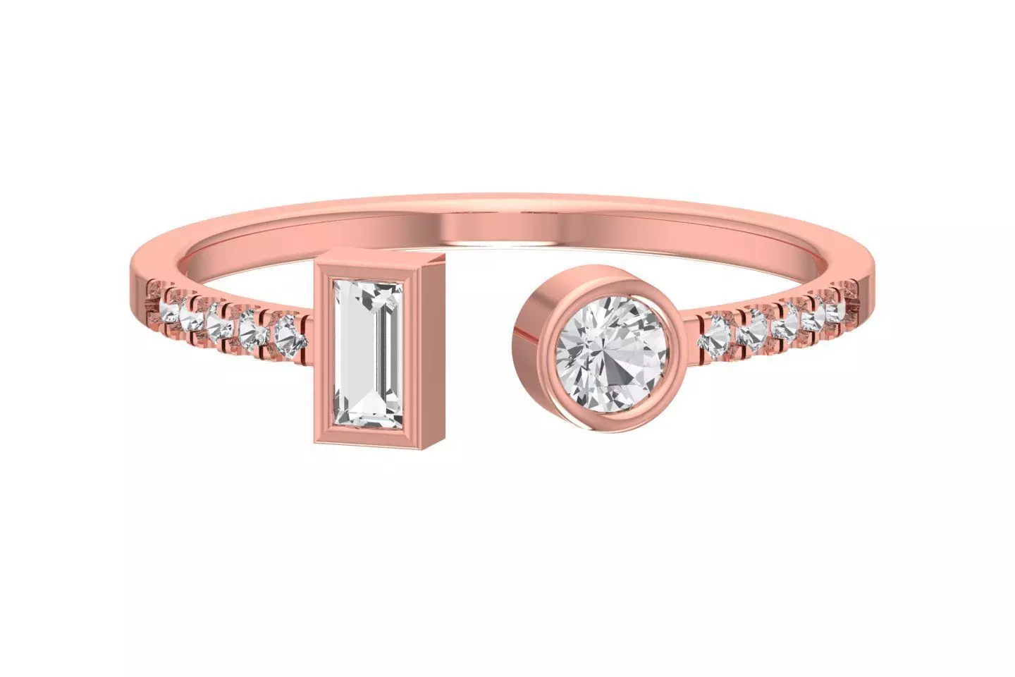 Open End Light Weight Band Baguette Round Stone Ring 3D print model