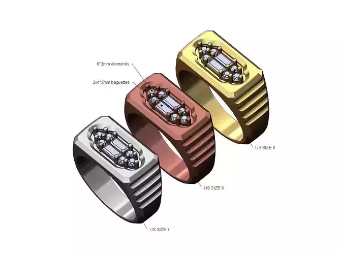 Undulated baguette cluster rectangular signet US sizes 7 8 9