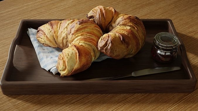Croissants full set with Tray Knife Jar and Napkin 3D model 2