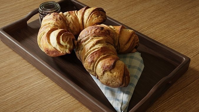 Croissants full set with Tray Knife Jar and Napkin 3D model 7