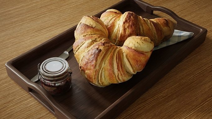 Croissants full set with Tray Knife Jar and Napkin 3D model 5