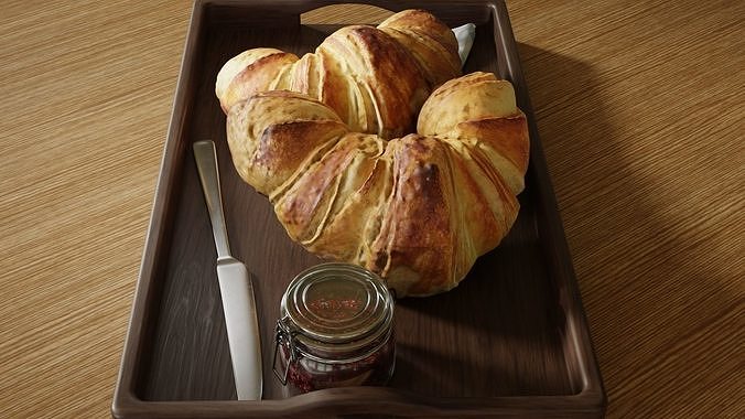 Croissants full set with Tray Knife Jar and Napkin 3D model 4