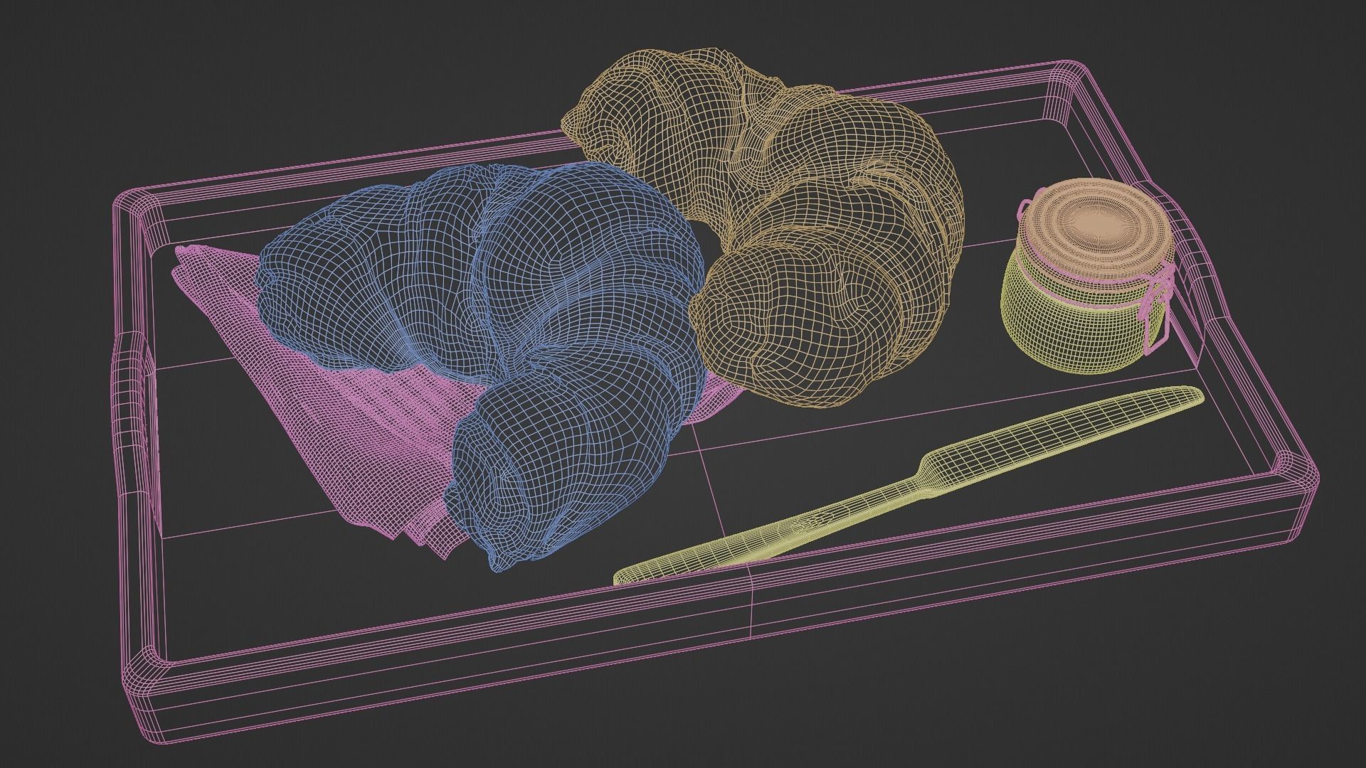 Croissants full set with Tray Knife Jar and Napkin 3D model_10