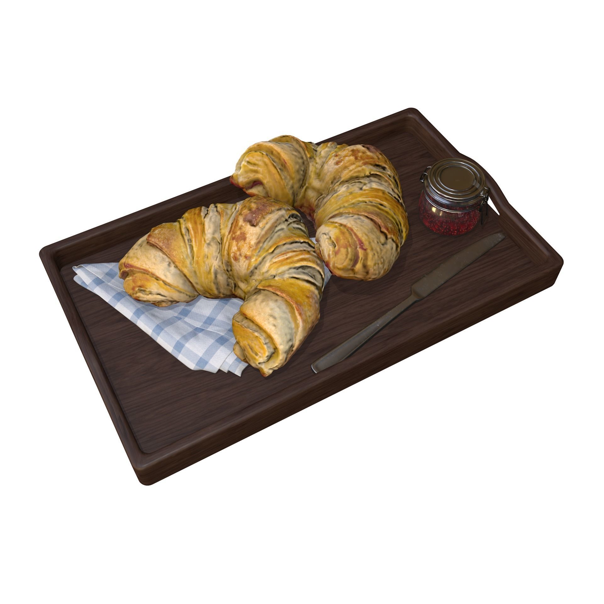 Croissants full set with Tray Knife Jar and Napkin 3D model_11