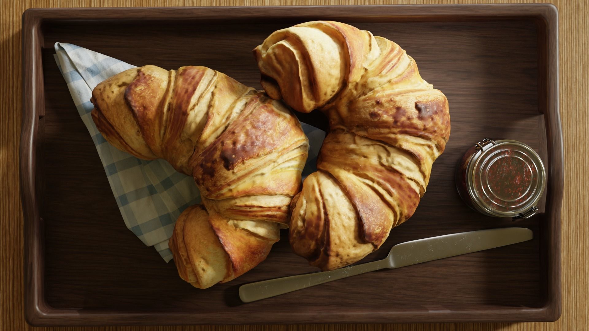 Croissants full set with Tray Knife Jar and Napkin 3D model_9