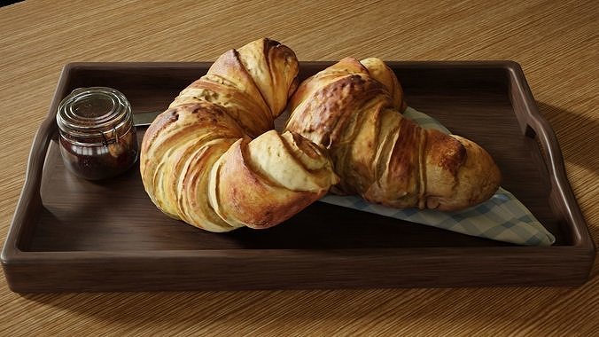 Croissants full set with Tray Knife Jar and Napkin 3D model 6