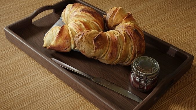 Croissants full set with Tray Knife Jar and Napkin 3D model 3
